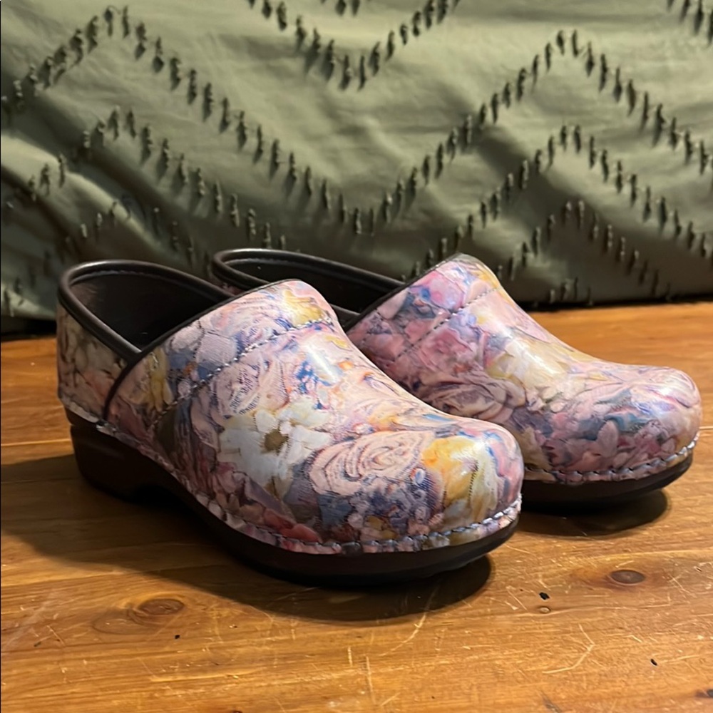 Dansko Pink and Yellow Mules Vibrant Floral Design